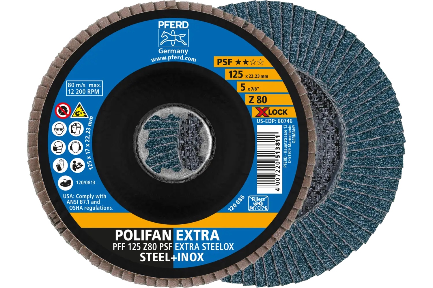 Picture of Pferd Flap Disc, 5", X-Lock, Z PSF Extra Steelox, 80 Grit, T27, Flat, Zirconia